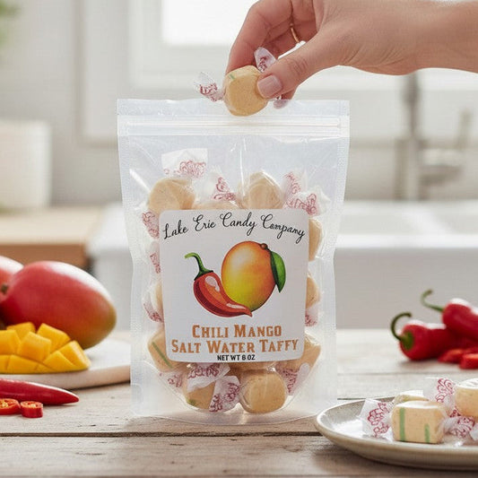 Mellow Monkey Chili Mango Salt Water Taffy bag with a hand picking one piece. Mango and chili peppers are nearby.