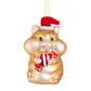 Mellow Monkey chipmunk Christmas ornament in glass and polyester wearing a red Santa hat and holding a gift.