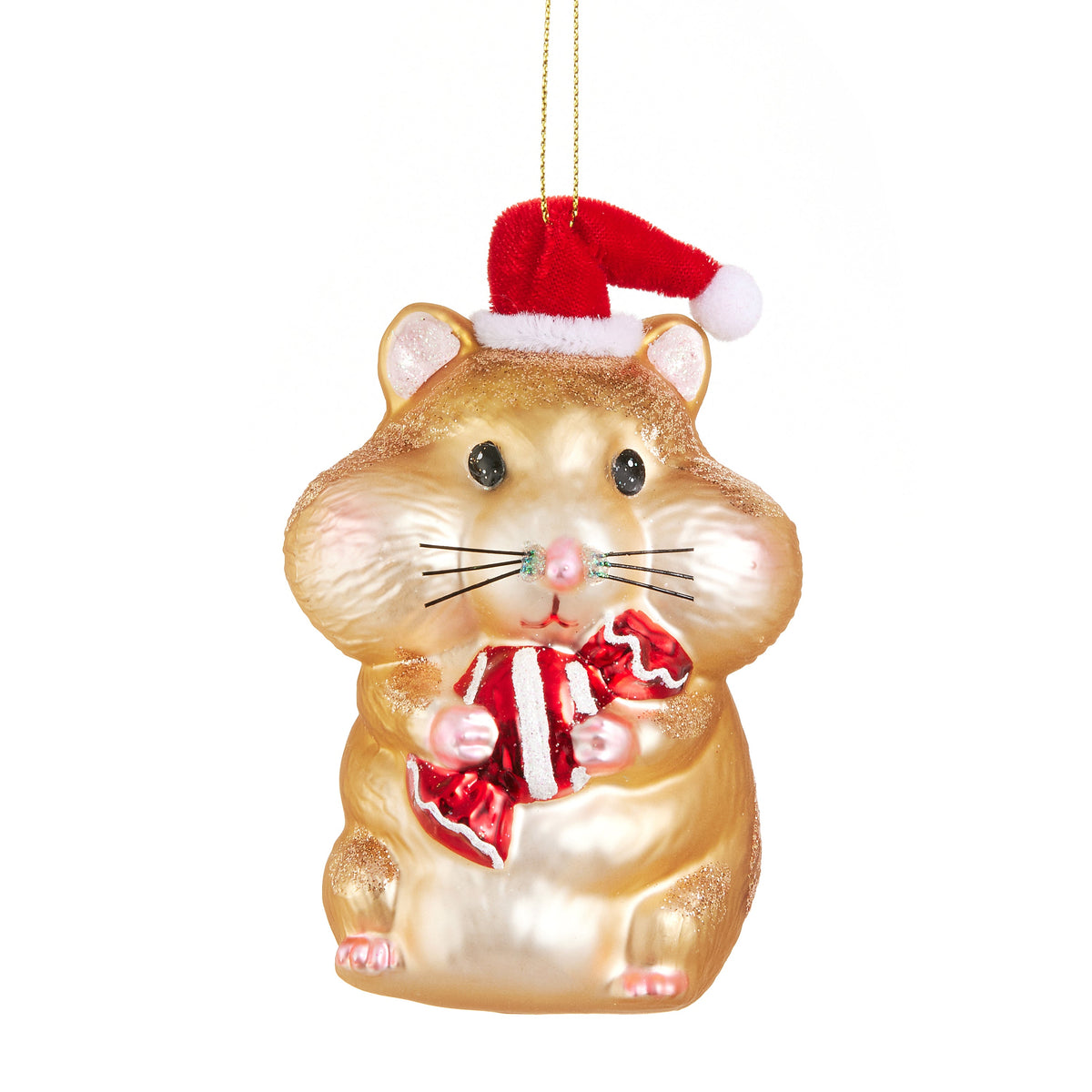 Mellow Monkey chipmunk Christmas ornament in glass and polyester wearing a red Santa hat and holding a gift.