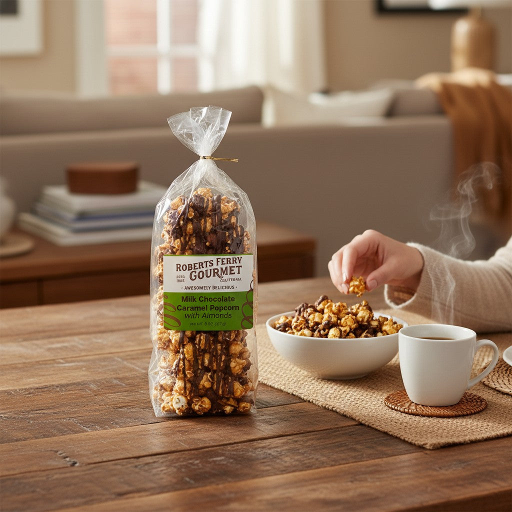 Mellow Monkey milk chocolate almond caramel popcorn in a clear bag next to a bowl of popcorn and a cup of coffee.