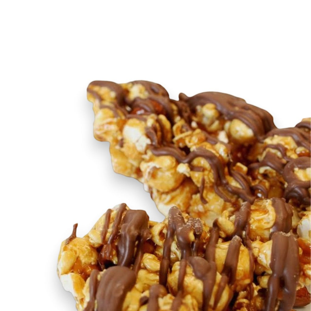 Mellow Monkey gourmet caramel popcorn drizzled with Guittard milk chocolate and mixed with premium California almonds