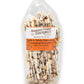 Mellow Monkey gourmet caramel popcorn with California almonds drizzled in milk and white chocolate in a clear bag.