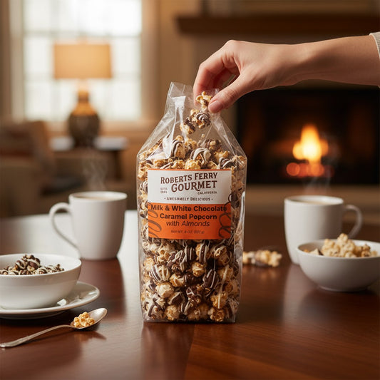 Mellow Monkey gourmet caramel popcorn with milk and white chocolate drizzle and California almonds in a clear bag.
