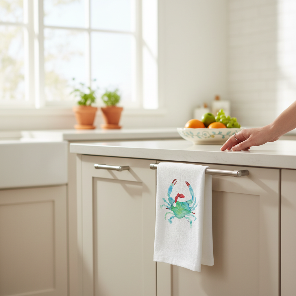 Mellow Monkey white cotton flour sack towel featuring a watercolor Santa Clawdia crab wearing a festive Santa hat.