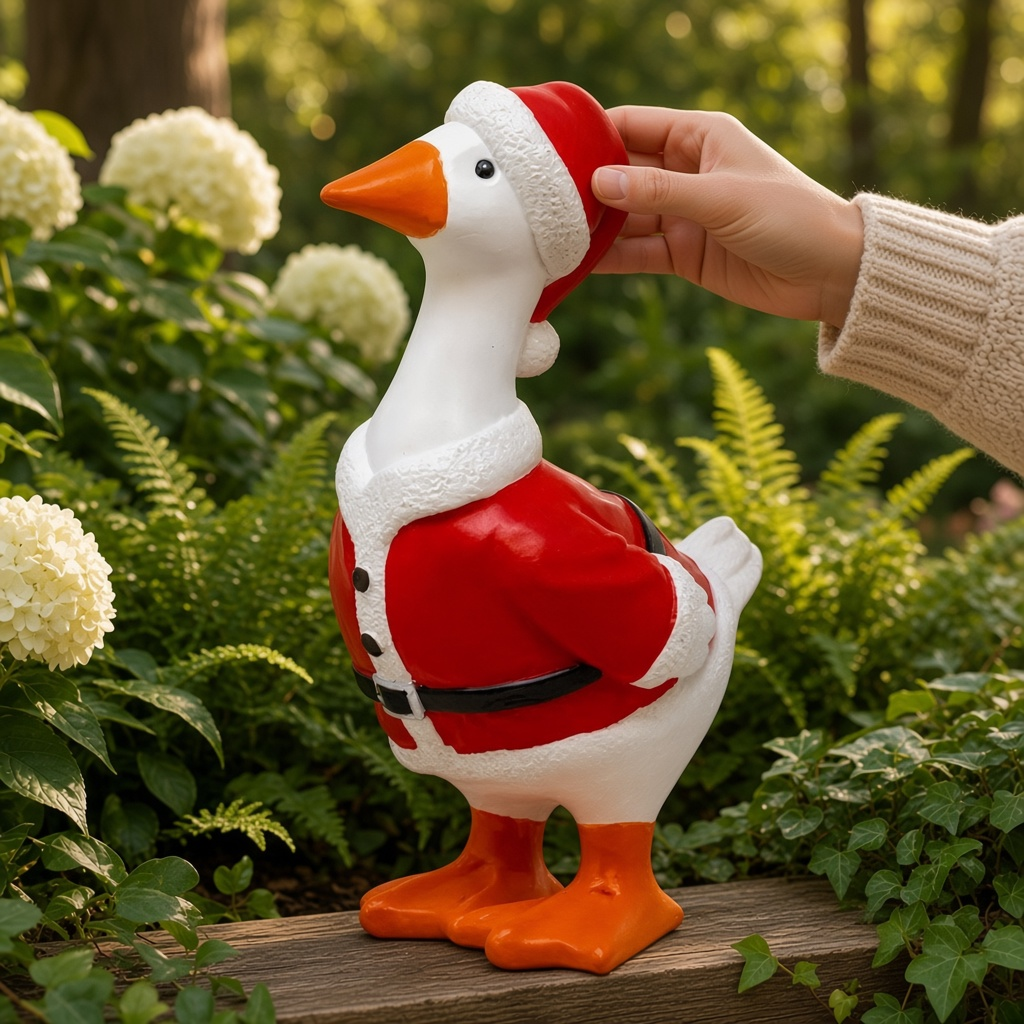 Mellow Monkey Christmas Goose garden statue wearing a Santa suit and hat, hand-painted resin, outdoor decor