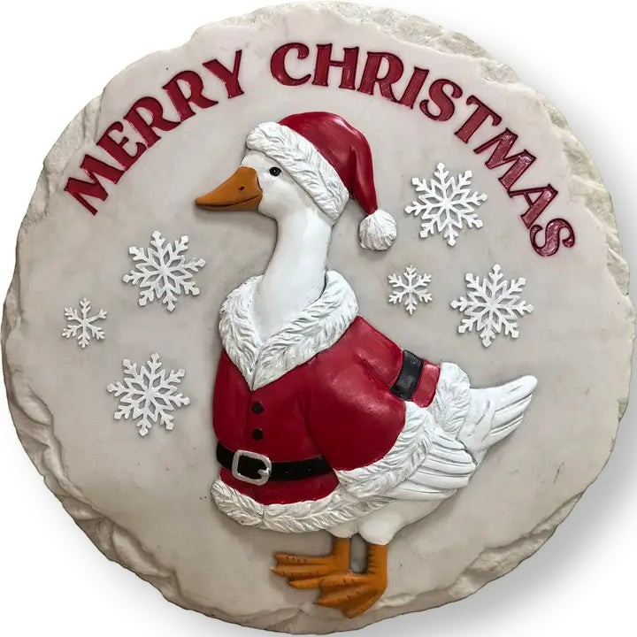 Mellow Monkey Christmas goose stepping stone or wall plaque featuring a goose in a Santa suit with Merry Christmas text