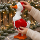 Mellow Monkey Christmas Goose garden statue wearing a Santa suit, hand-painted resin decor for indoor or outdoor use.