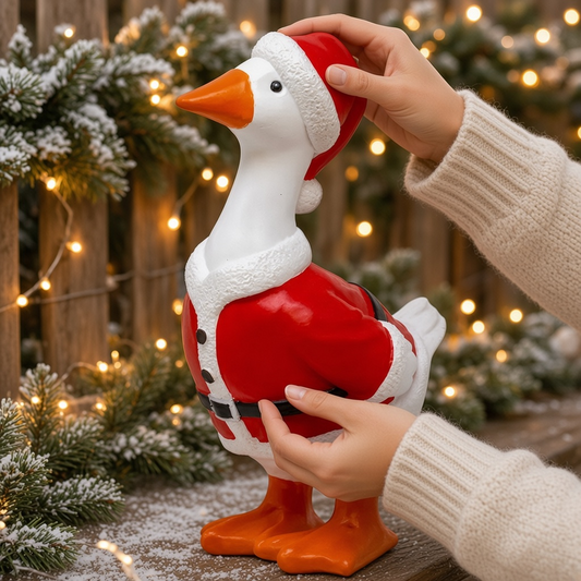 Mellow Monkey Christmas Goose garden statue wearing a Santa suit, hand-painted resin decor for indoor or outdoor use.