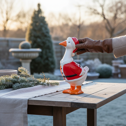 Mellow Monkey Christmas Goose garden statue in hand-painted resin wearing a Santa suit on an outdoor patio table.