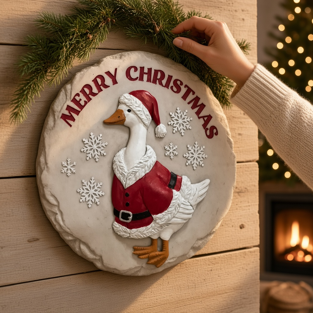 Mellow Monkey Christmas goose wall plaque featuring a Santa-dressed goose on a stone-look resin disc with snowflakes.