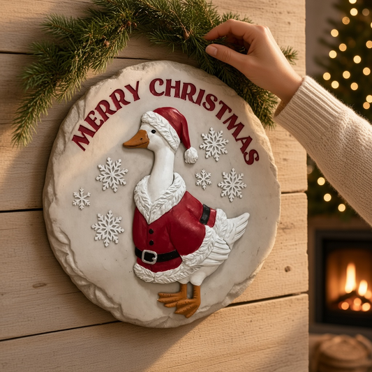 Mellow Monkey Christmas goose wall plaque featuring a Santa-dressed goose on a stone-look resin disc with snowflakes.