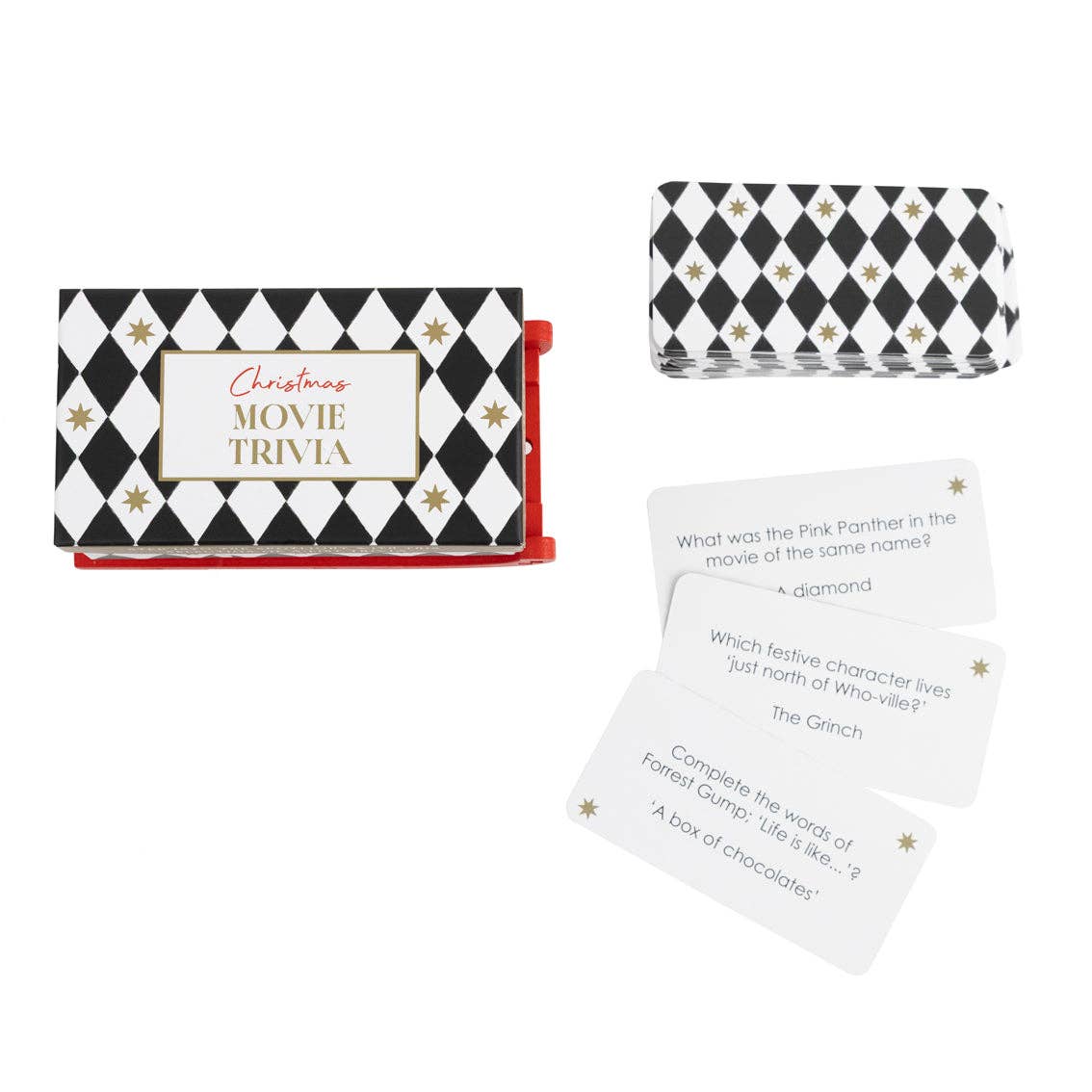 Mellow Monkey Christmas movie trivia game in a black and white diamond pattern sleigh box with 80 question cards.
