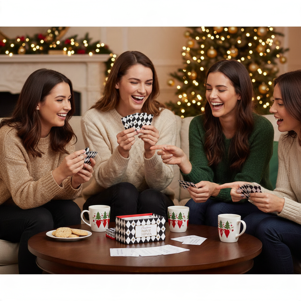 Four women laughing while playing Mellow Monkey Christmas movie trivia card game in a festive living room setting.