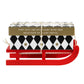 Mellow Monkey Christmas movie trivia game in a black and white diamond patterned box on a small red wooden sleigh.