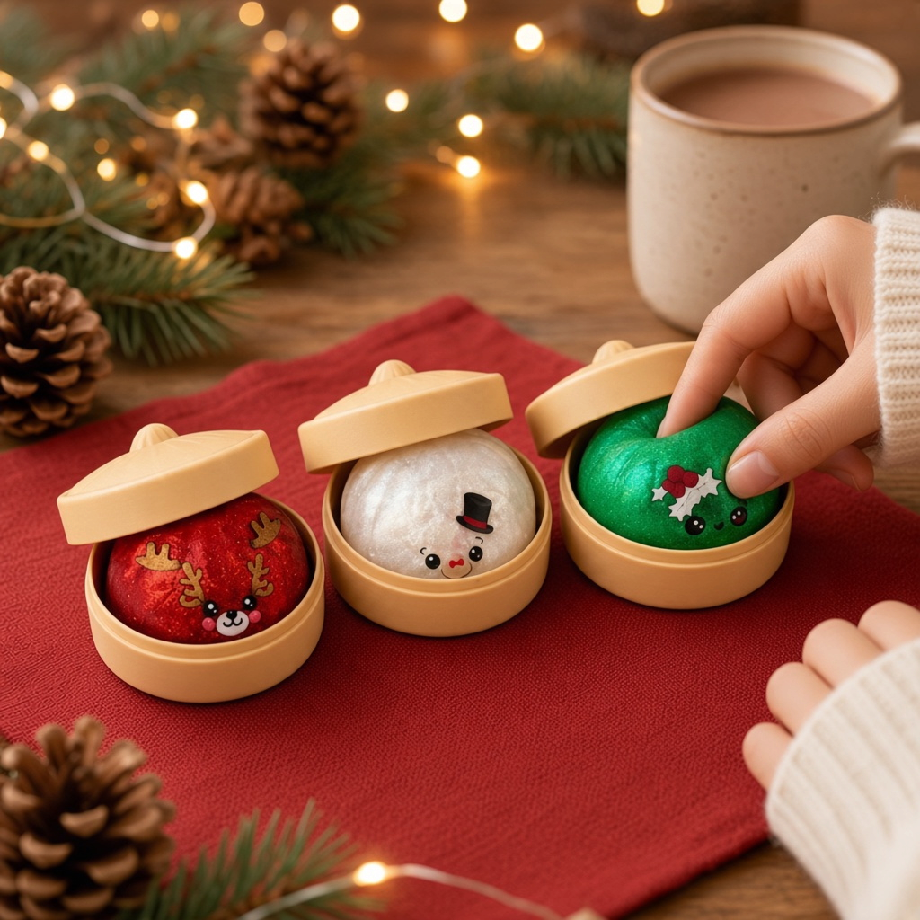 Mellow Monkey Christmas mystery squishy dumplings in festive containers, featuring reindeer, snowman, and elf designs.