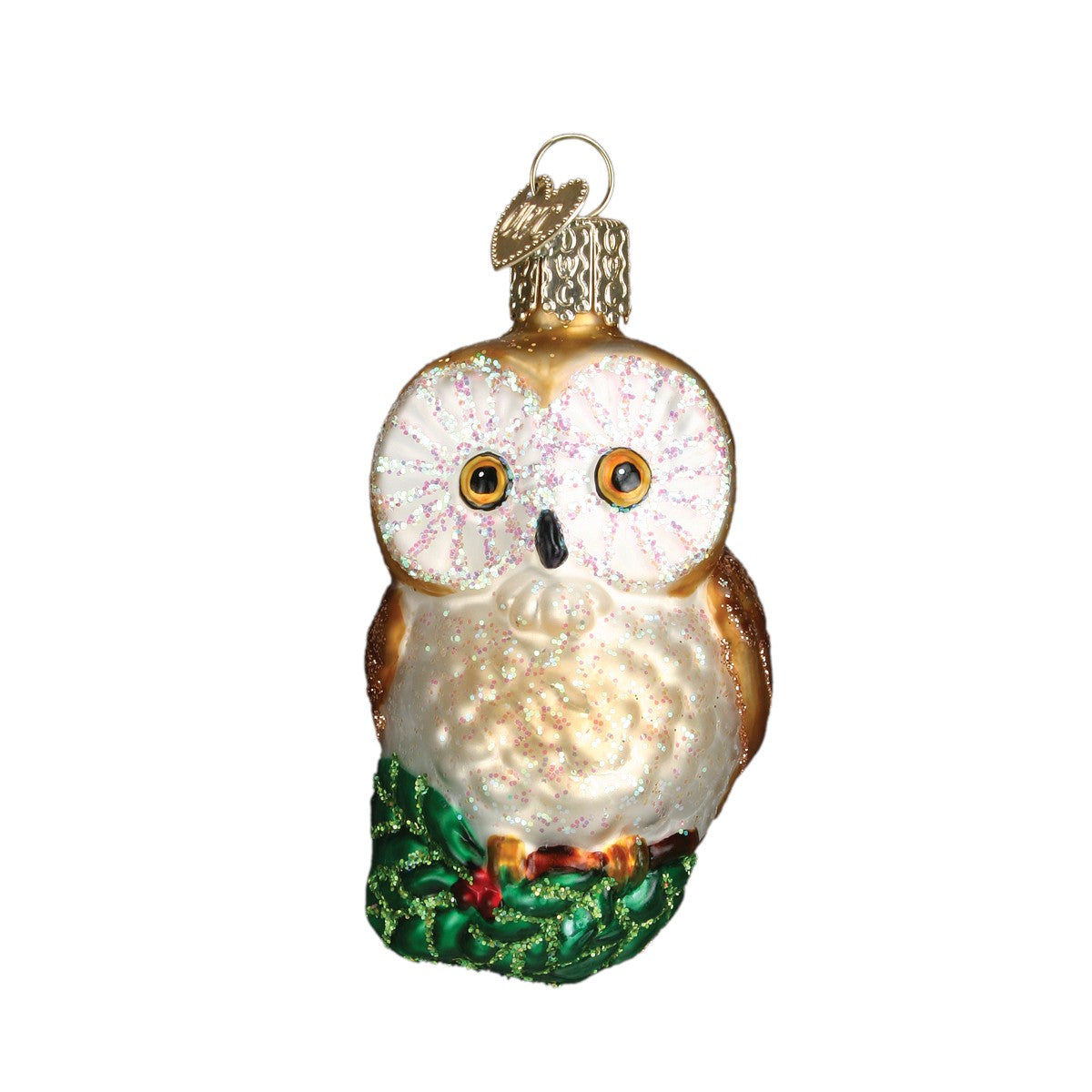 Mellow Monkey Christmas Owl blown glass ornament with glittery white face and brown wings, perched on holly.