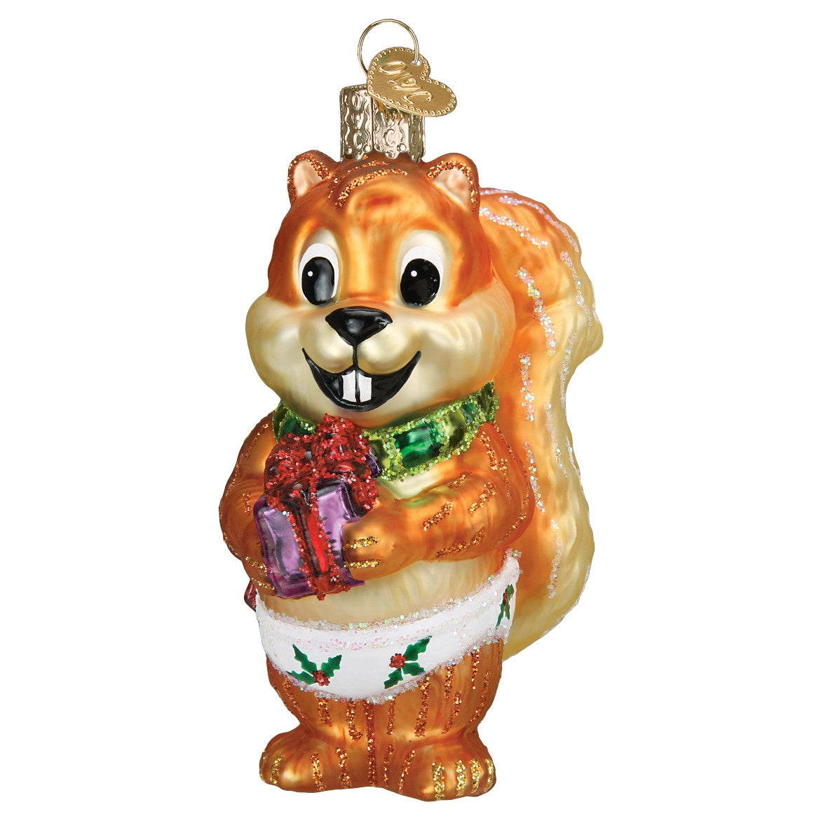 Mellow Monkey Silly Christmas Squirrel ornament, blown glass, wearing a green scarf and diaper, holding a gift.