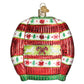 Mellow Monkey Old World Christmas blown glass ornament shaped like a festive red and white sweater with green trim, reindeer, and candy canes.