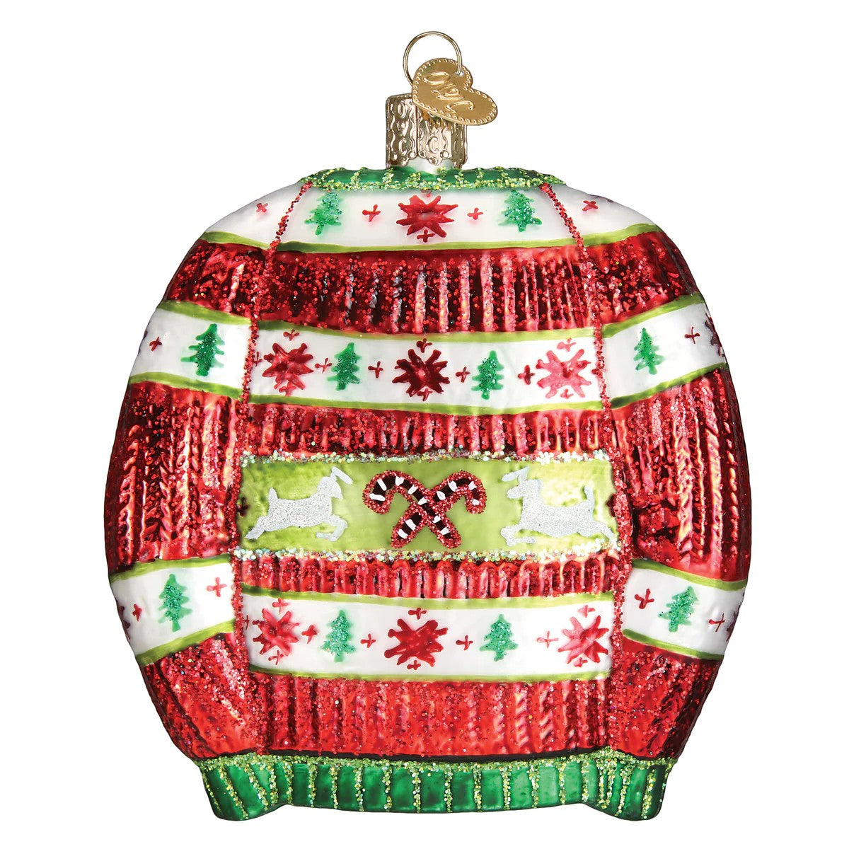 Mellow Monkey Old World Christmas blown glass ornament shaped like a festive red and white sweater with green trim, reindeer, and candy canes.