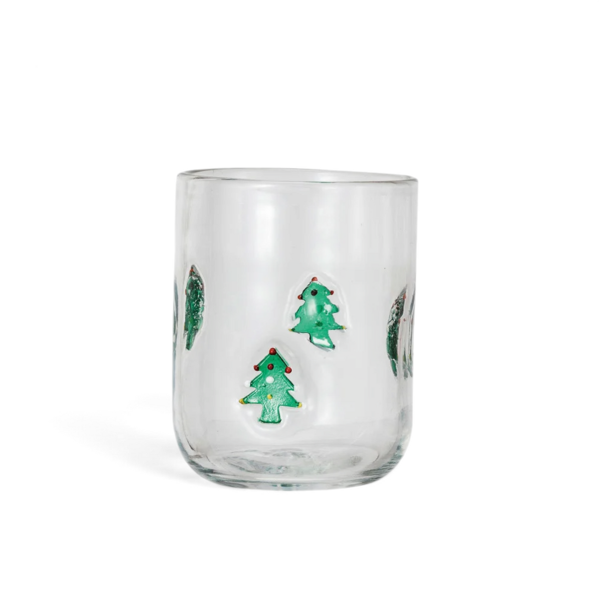 Mellow Monkey 16 oz clear drinking glass featuring an embedded green Christmas tree holiday icon pattern