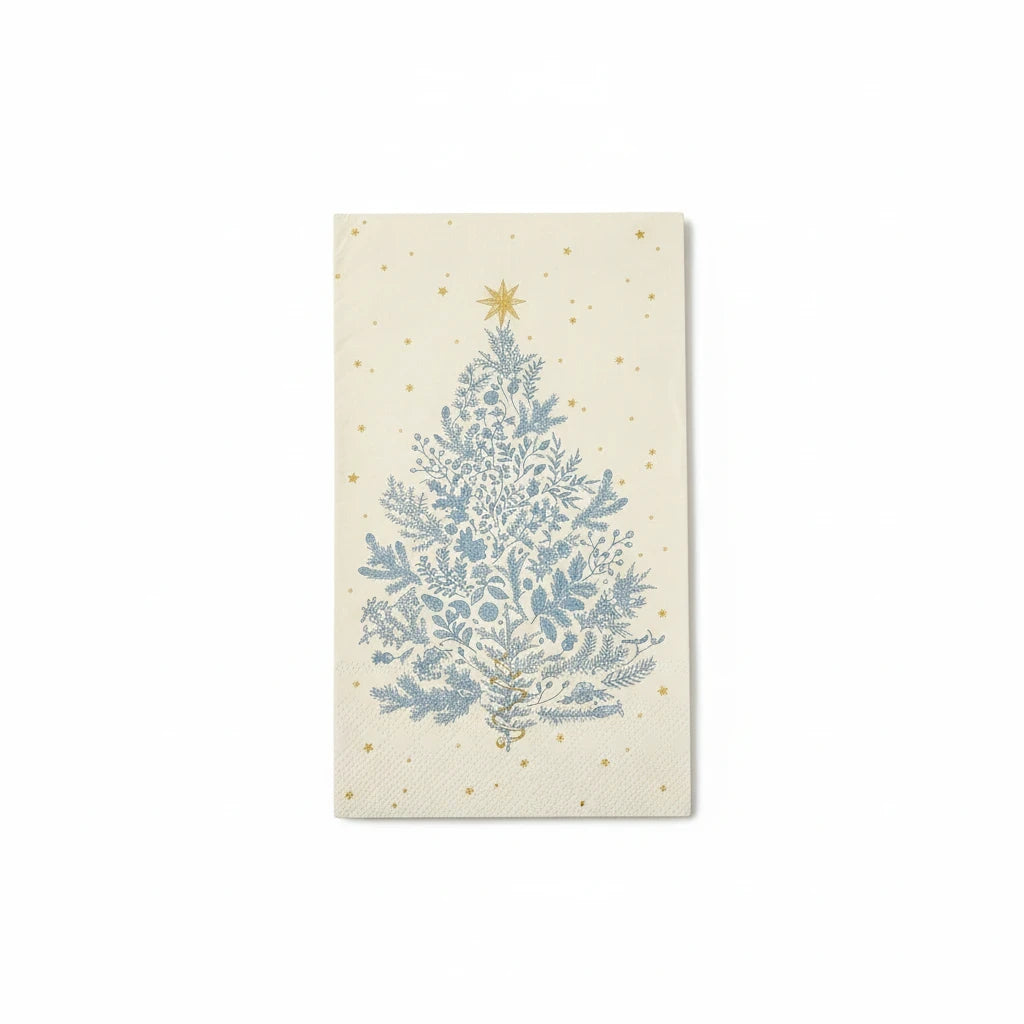 Mellow Monkey 3-ply paper dinner napkins featuring a blue and gold Christmas tree design on a cream background.