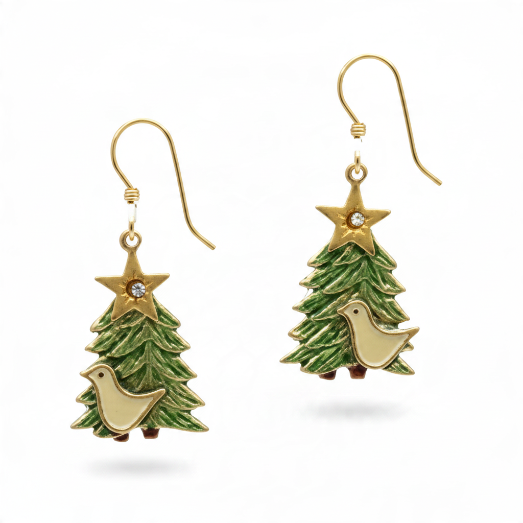 Mellow Monkey handmade Christmas tree earrings with a partridge, star, and crystal accent on surgical steel wires.