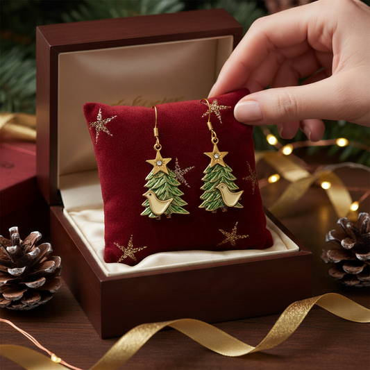 Mellow Monkey handmade Christmas tree earrings with partridge and star, featuring surgical steel wires on red velvet.