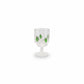 Mellow Monkey 10-oz clear stemmed wine glass featuring hand-painted green Christmas tree holiday icons