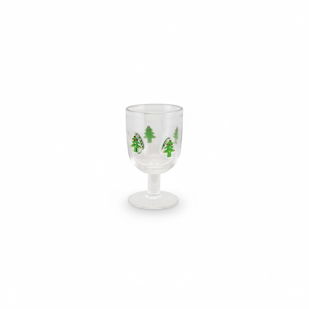 Mellow Monkey 10-oz clear stemmed wine glass featuring hand-painted green Christmas tree holiday icons