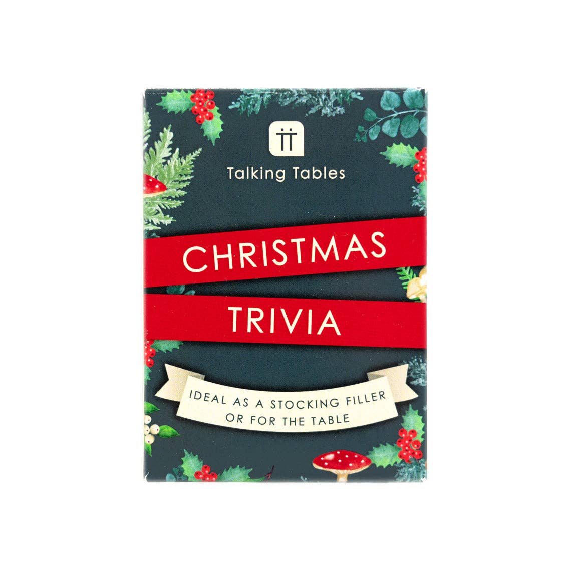Mellow Monkey Midnight Forest Christmas trivia card game box with festive holly and mushroom illustrations.
