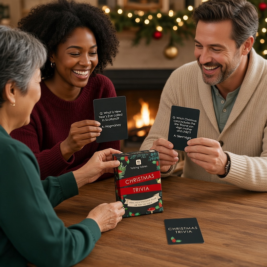 Mellow Monkey Christmas Trivia game box and question cards held by a group of friends at a festive dinner table.