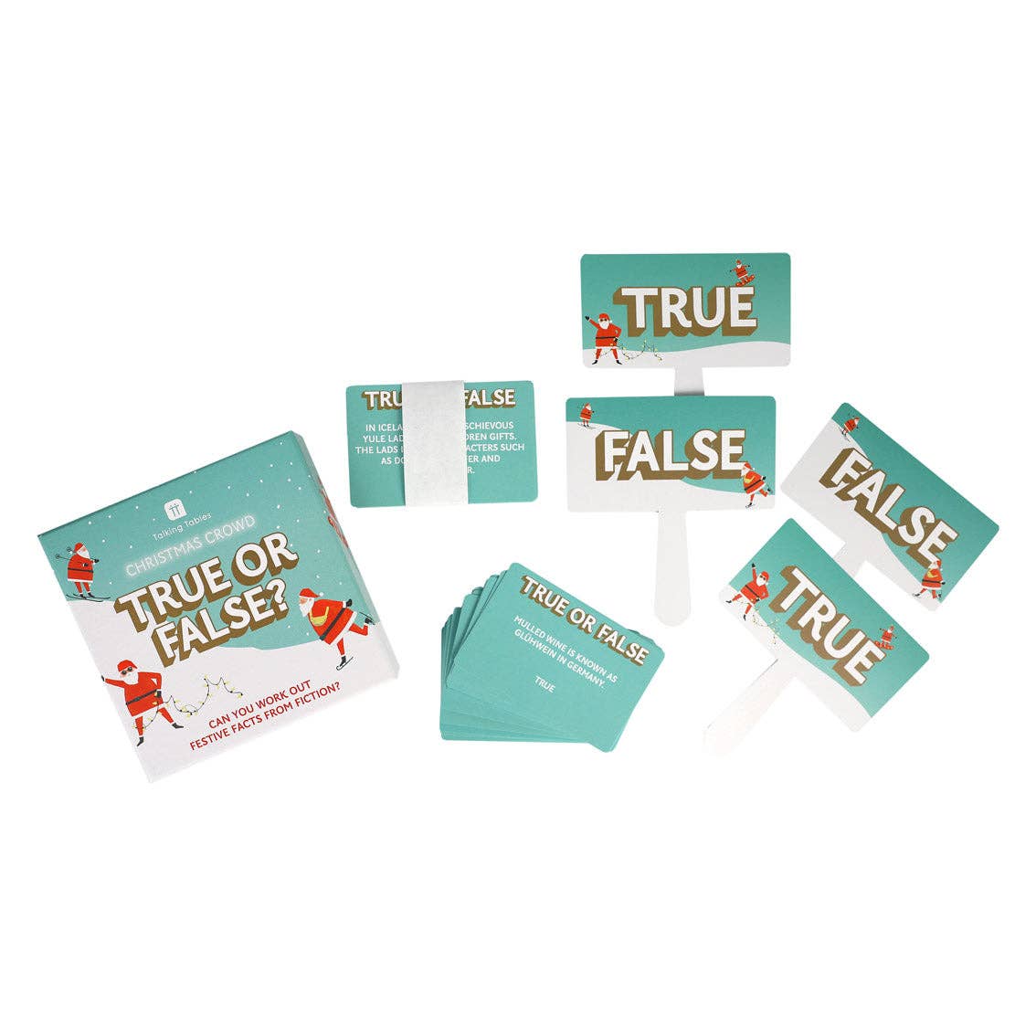 Mellow Monkey Christmas True or False trivia game with question cards and four handheld paddles on white background