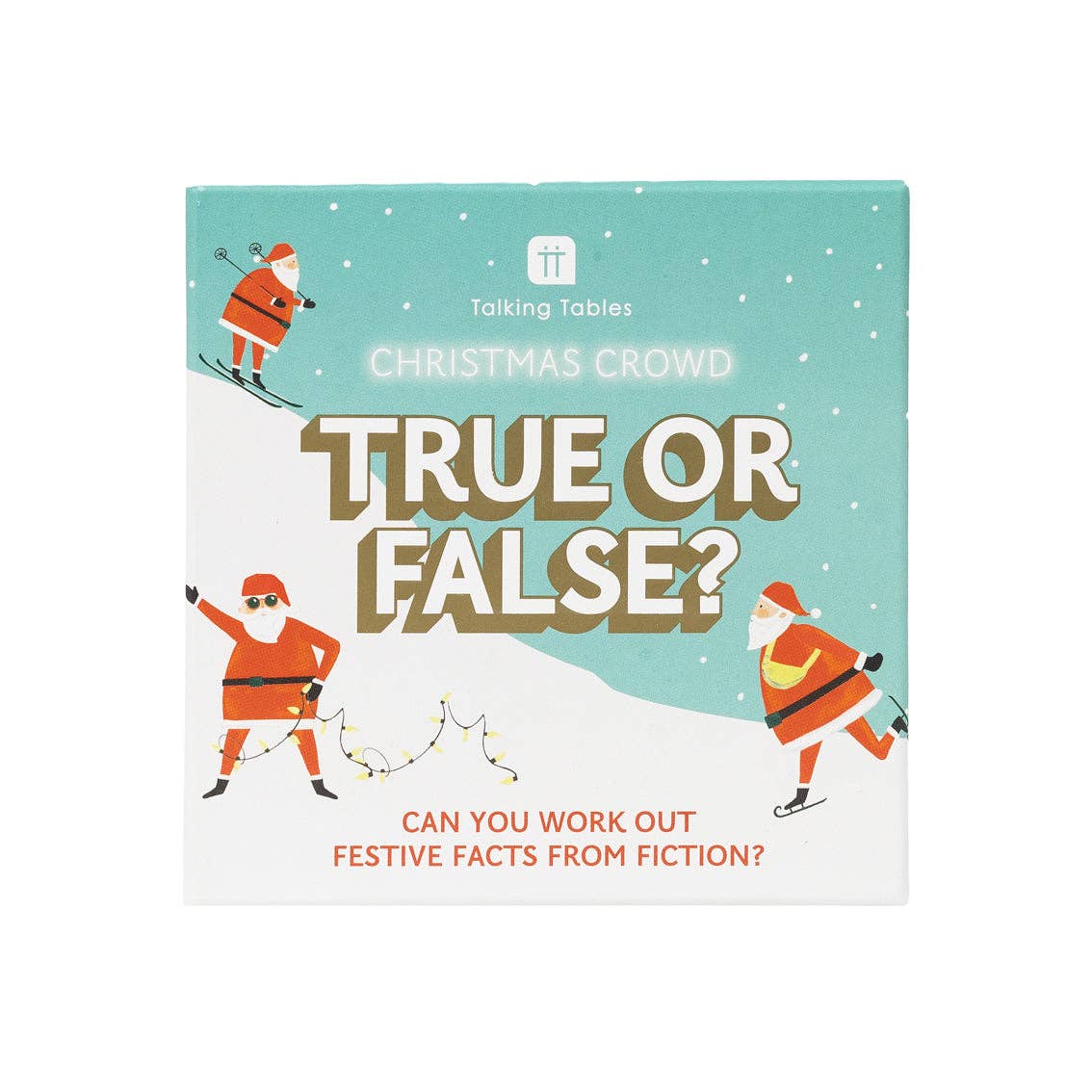 Mellow Monkey Christmas True or False trivia game box with festive Santa illustrations on a light blue background.