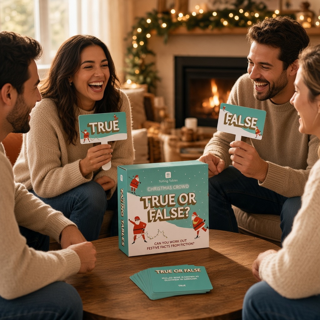 Mellow Monkey Christmas True or False trivia game with paddles and cards being played by a happy group of friends.
