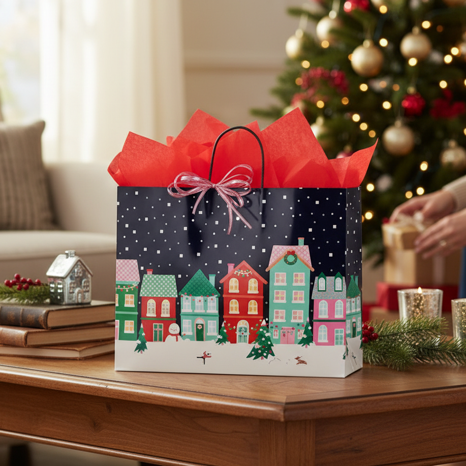 Mellow Monkey large Christmas gift bag with a festive village print, glossy finish, and red tissue paper.