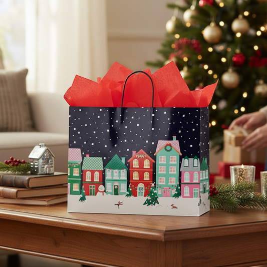 Mellow Monkey large Christmas Village gift bag with gloss finish, red tissue paper, and twisted paper handles.
