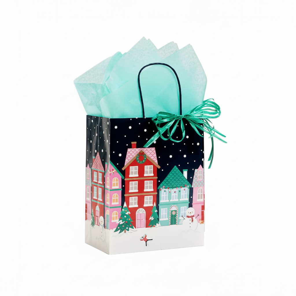 Mellow Monkey medium Christmas Village gift bag with glossy winter town print, paper handles, and tissue paper.
