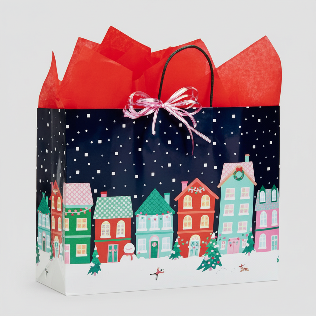 Mellow Monkey large Christmas Village gift bag with glossy winter town print, red tissue paper, and paper handles.