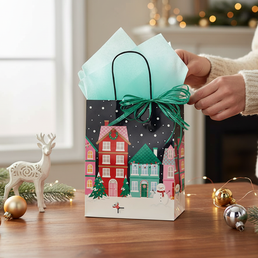 Mellow Monkey medium Christmas Village gift bag with glossy print, twisted handles, and included tissue paper.
