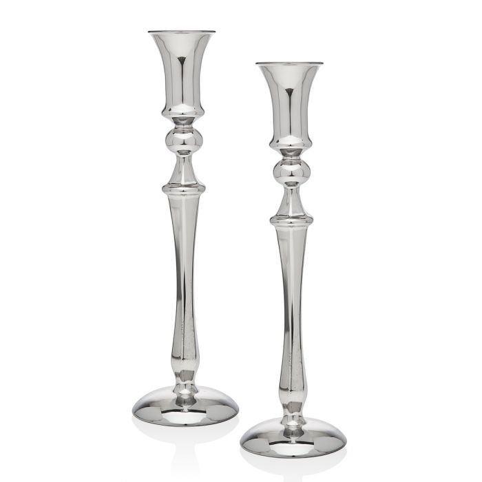 Mellow Monkey Classic 10-inch chrome finish non-leaded crystal candlestick pair with decorative beaded accents.