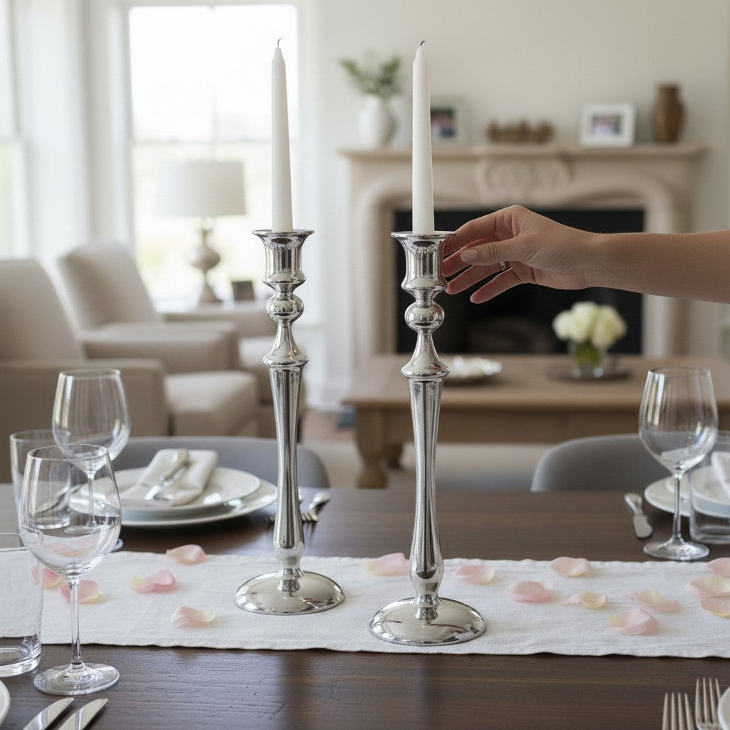 Mellow Monkey Classic 10-inch chrome finish non-leaded crystal candlestick pair with lit candles.