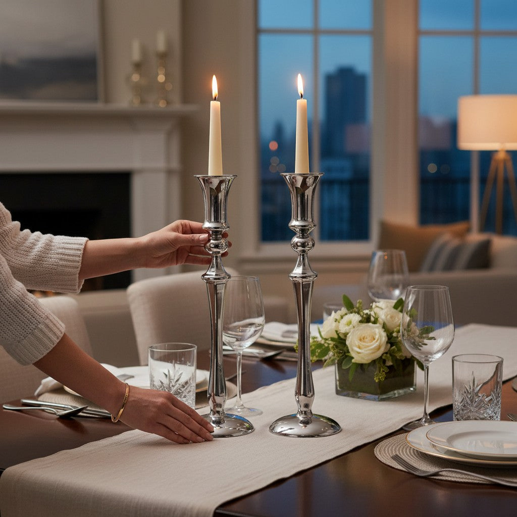 Mellow Monkey Classic 10-inch chrome finish non-leaded crystal candlesticks with lit candles.