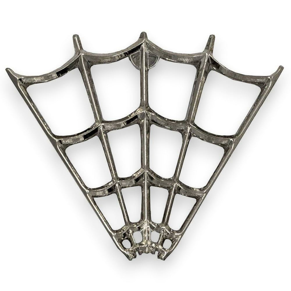 Mellow Monkey chrome spider web pin with a gothic design, perfect for adding flair to jackets or backpacks.