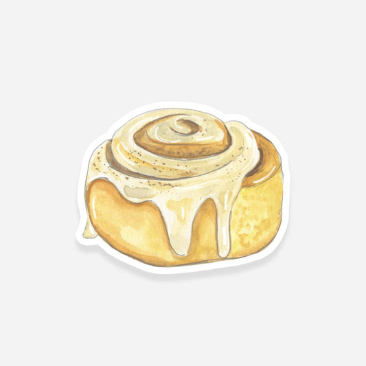 Mellow Monkey watercolor vinyl sticker of a cinnamon roll with dripping icing, 2.5-in