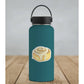 Mellow Monkey watercolor cinnamon roll vinyl sticker with dripping icing on a teal water bottle.