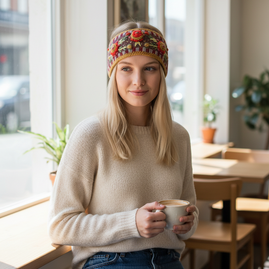Mellow Monkey cinnamon wool headband with floral embroidery worn by a blonde woman holding a coffee in a cafe