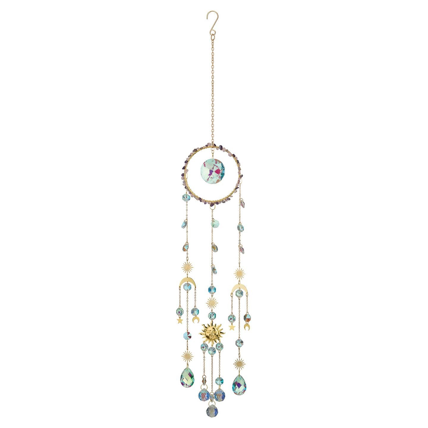 Mellow Monkey Circle of Life suncatcher with crystals, healing stones, and gold celestial charms on hanging chains.