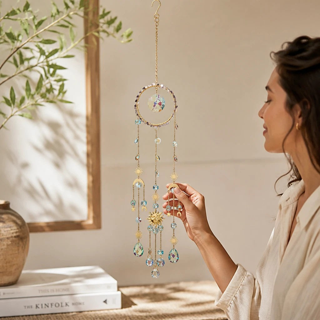 Mellow Monkey Circle of Life suncatcher with crystals, healing stones, and gold celestial charms held by a woman.