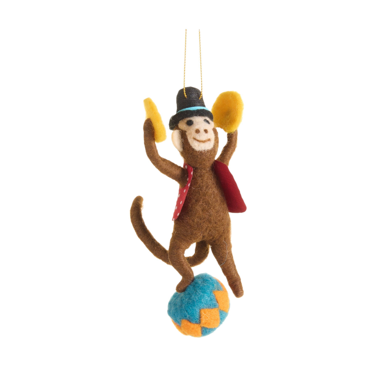 Mellow Monkey handcrafted wool and foam circus monkey ornament balancing on a blue and orange ball