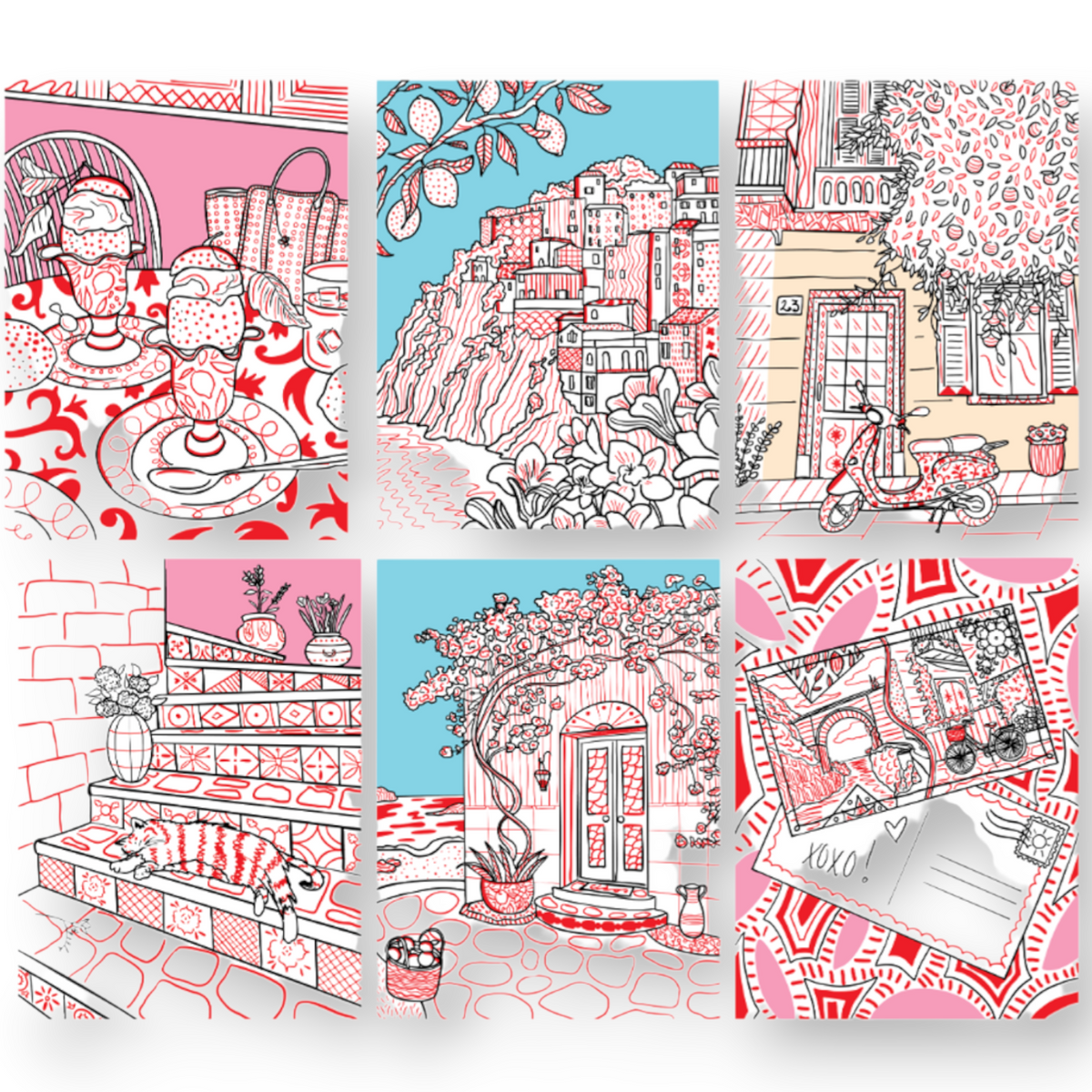 Mellow Monkey Citrus Coastline FlowArt coloring scenes featuring Mediterranean coastal landscapes and floral patterns.